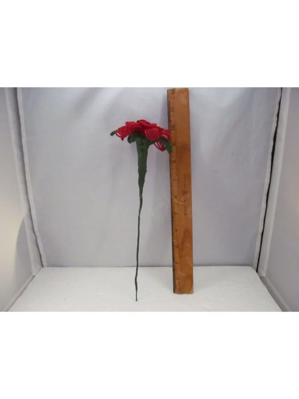 Handcrafted Red & Green French Beaded Flower with Stem Home Decor Gift 11 inch